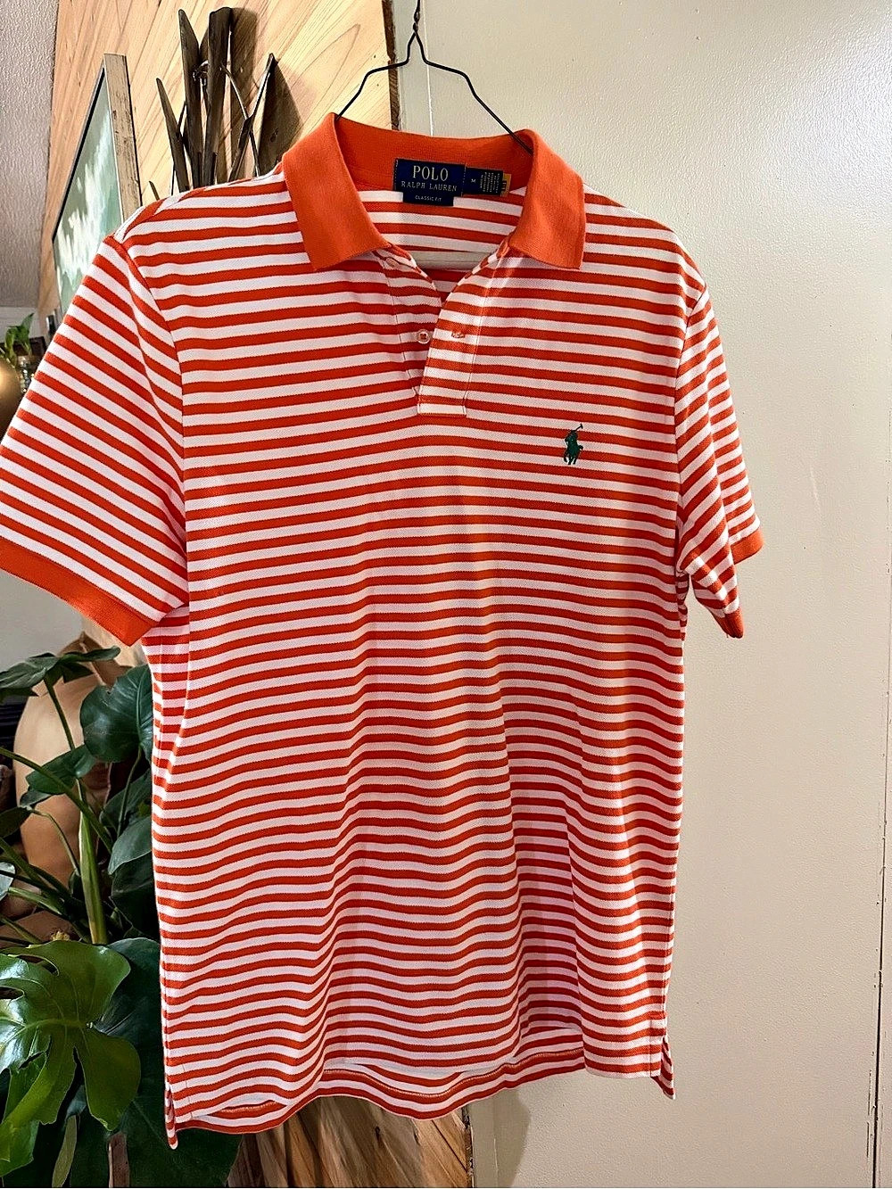 Polo Ralph Lauren Classic Fit Striped Mesh Polo Shirt Orange & White Medium